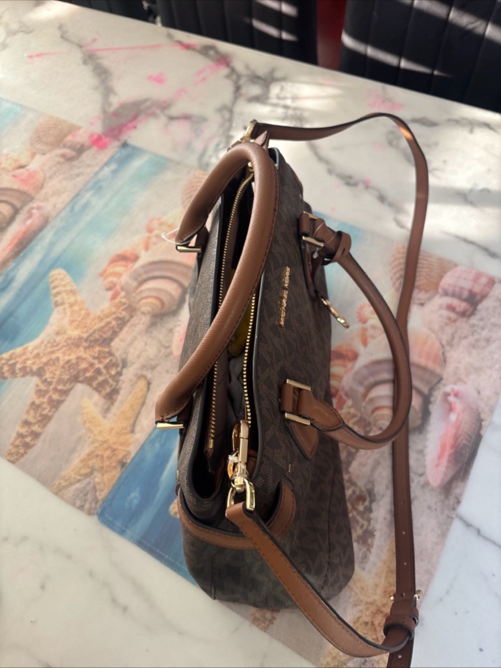 Michael Kors Brown Monogram Duffel with Tan Leather Trim - Picture 3 of 16